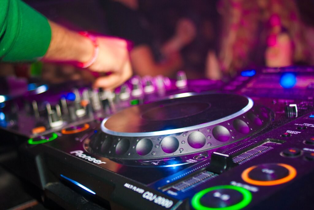 Close-up of a DJ controller at a party