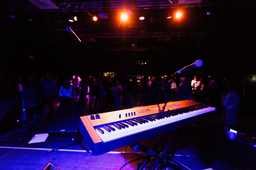 Synthesizer keyboard on stage in a nightclub