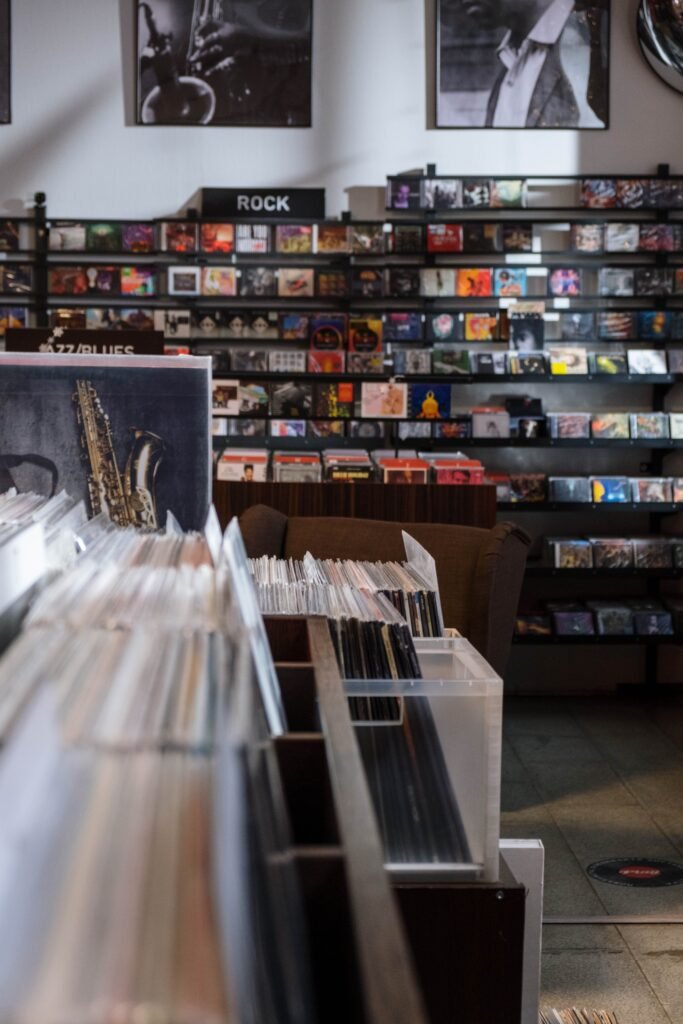 Vinyl records on display in a record store