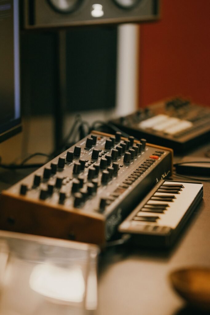 Synthesizer and MIDI keyboard in a modern home music studio